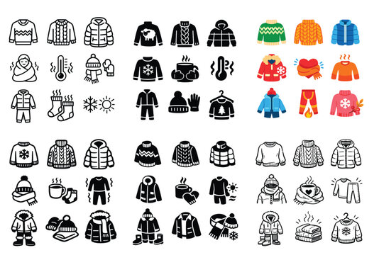 Winter clothing and warmth design icons with sweater, jacket and scarf for branding design in flat illustration style