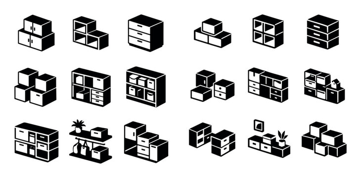 Modular furniture and flexible storage icon set with stackable cabinets shelving modules and drawer units for home organization in black and white isometric style