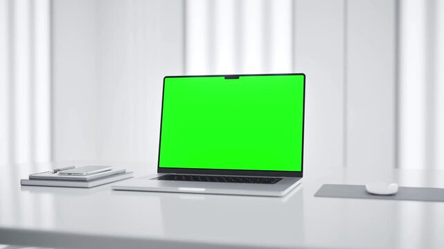 Laptop green screen mockup in a minimalist future lab workspace - perspective zoom in