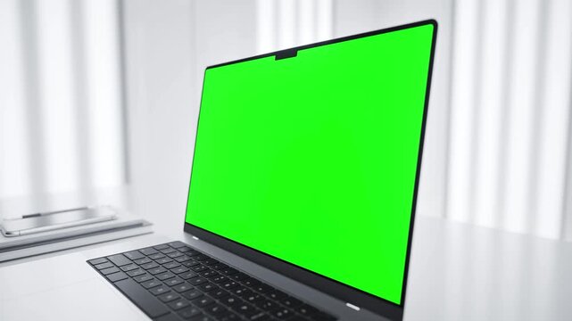 Laptop green screen mockup in a minimalist future lab workspace - right perspective close up