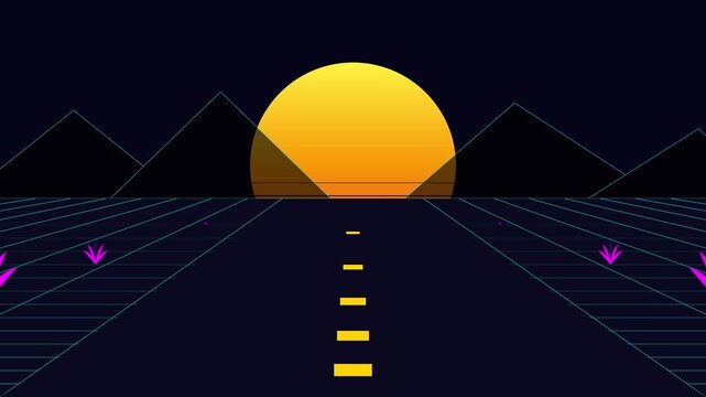 Retro synthwave landscape animation loop with sunset and grid