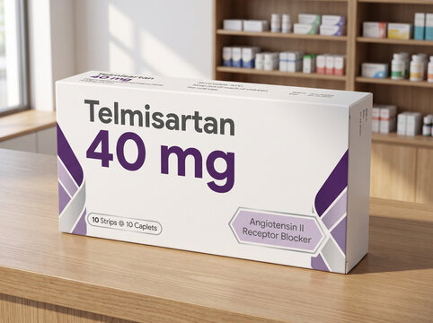 Box of Telmisartan 40 mg blood pressure medication in pharmacy