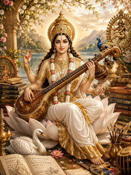 Divine Goddess Saraswati Seated on a Lotus with Veena and Books