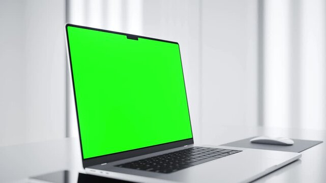 Laptop green screen mockup in a minimalist future lab workspace - perspective clos up view