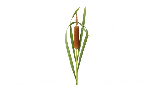 Fresh cattail leaves surrounding a mature brown flower spike, creating a clean botanical specimen with strong natural shapes and seasonal appeal. Isolated on White background.