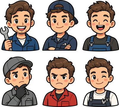 Cartoon set of young male mechanic avatars showing different emotions