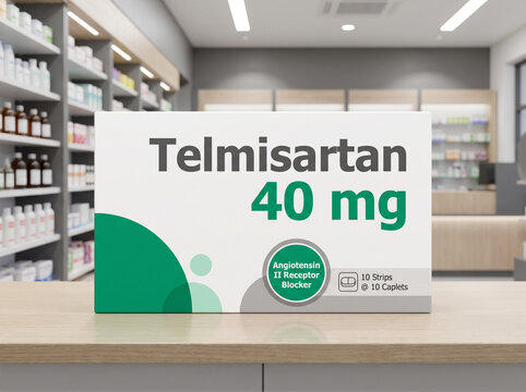 Box of Telmisartan 40 mg blood pressure medication in pharmacy