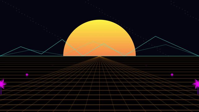 Retro synthwave grid animation with moving sunset and mountains