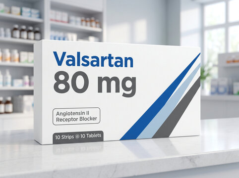 Valsartan blood pressure medication box displayed on pharmacy counter