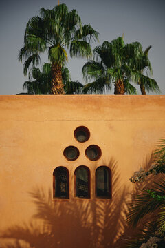 Traditional Moroccan terracotta wall with arch windows and palm tree shadows