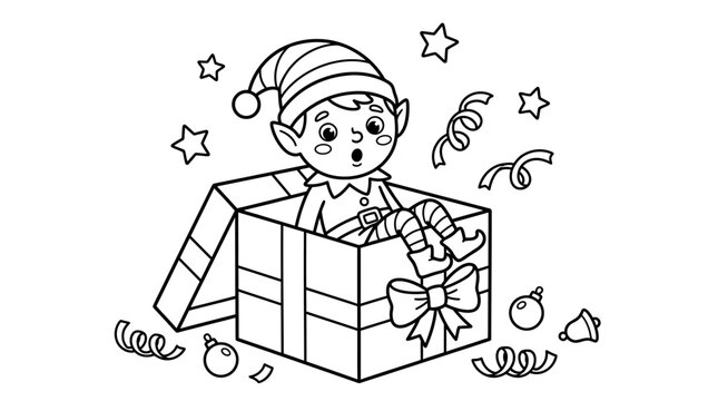 Christmas elf vector coloring page sitting in gift box with stars and ribbons