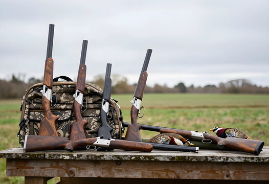 Hunting and outdoor sports, collection of shotguns and game decoys on a wooden table in a rural field for recreational shooting and wildlife conservation