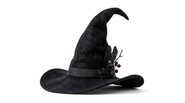 Black witch hat decorated with berries and twigs isolated on white.