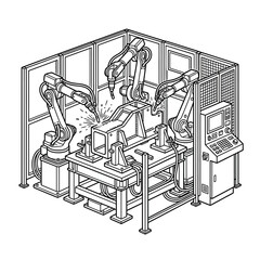 Fototapeta premium Woodworking factory illustration features carpenters operating machinery and cutting timber boards in an organized workshop.