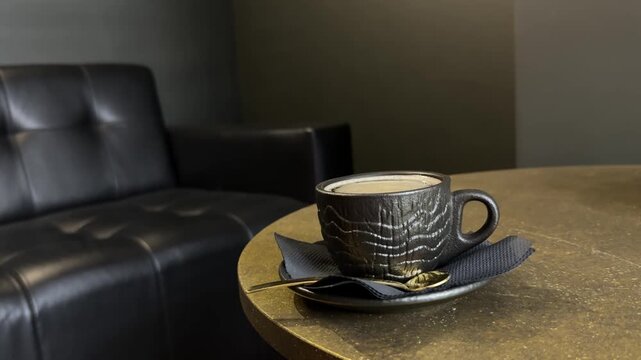 Horizontal video of a textured black ceramic cup filled with fresh foamy coffee on a round table, served with a small golden teaspoon and dark napkin beside a black leather sofa in a modern interior