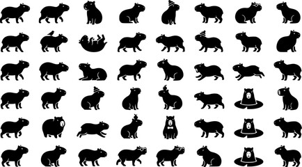 Obraz premium Capybara Character Icon Set – Silhouette Style. Covers capybara rodent, south american mammal, chill animal meme & more. Solid black glyph, transparent background.