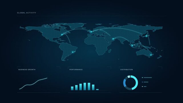 World map with growing business with line charts and digital elements statistics technology - graphs pie charts bar charts hi-tech glowing and flickering elements - motion graphics animation

