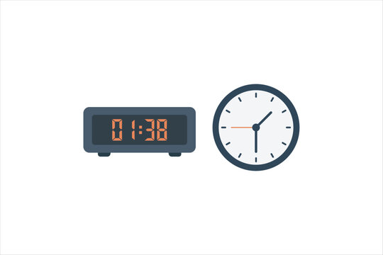 Digital alarm clock and analog wall clock set illustration in flat 2D style. Vector concept for time management, schedule, and deadline.