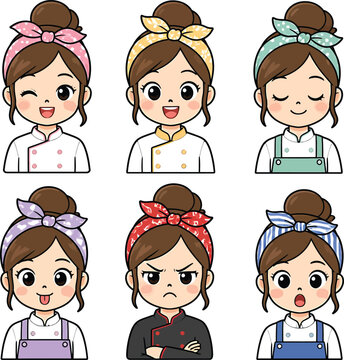 Cute Anime Chef Girl Character Set with Different Emotions and Expressions Female Baker Vector Illustration