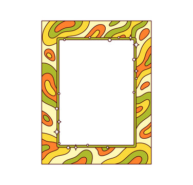 Groovy retro frame featuring psychedelic 70s wavy lines and vintage yellow, orange and green colors. Cartoon hippie Y2K border liquid swirl patterns for retro invitations and social media graphics