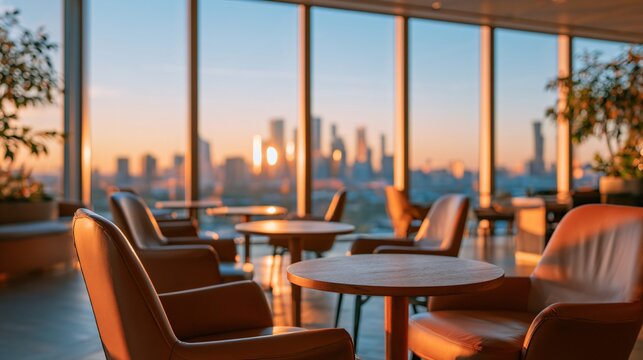 Workplace setting with empty chairs and tables during sunset