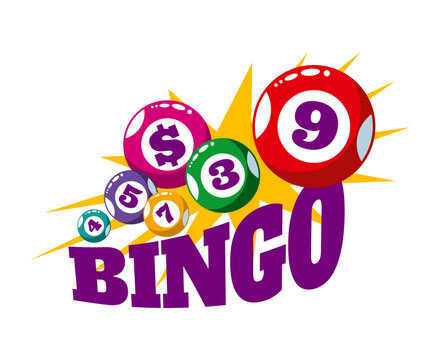 Lottery bingo winner emblem with lucky balls and vibrant starburst. Large bingo lettering with glossy lotto balls displaying numbers and symbols for lottery promotions and entertainment advertising