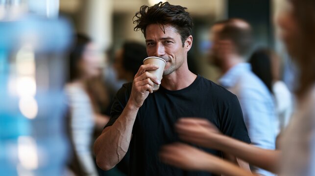 A man drinks coffee while surrounded by people moving in a busy space
