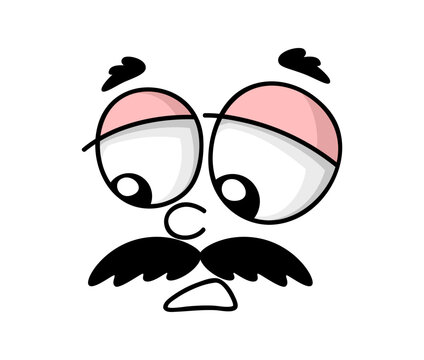 Cartoon character expression with shocked emotion. Dazed character with pink eyelids, wavy eyebrows and curved mustache for print merchandise, social media stickers, kids apparel and educational cards