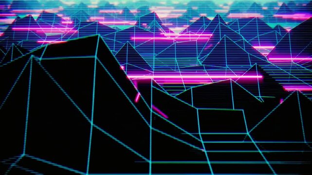 Neon Synthwave Retro Landscape With Wireframe Mountains, Futuristic Grid Horizon And Glowing Lines

description
