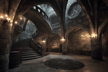 Obraz premium Gothic Stone Hall With Curved Staircases
