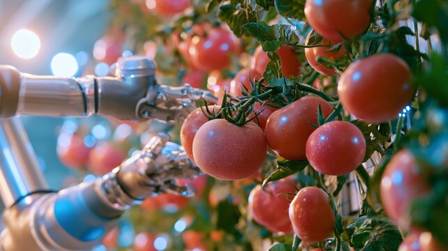 Robotic mechanical arms pick ripe tomatoes in an indoor farm setting