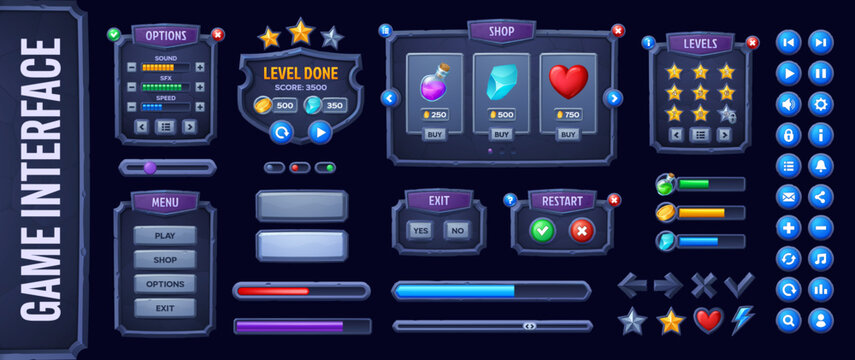 Old stone game UI interface buttons and level windows with rocky loading scale and menu frame. Medieval game interface assets with stone indicators and rewards for videogame elements and gamer GUI