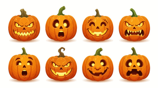 Set von acht verschiedenen Halloween K&uuml;rbis Gesichtern mit unterschiedlichen lustigen und gruseligen Ausdr&uuml;cken.