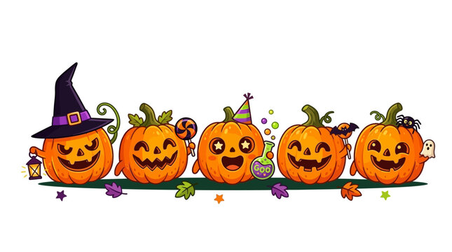 Niedliche Halloween K&uuml;rbisse mit lustigen Gesichtern und festlichen Dekorationen als Vektor Illustration.