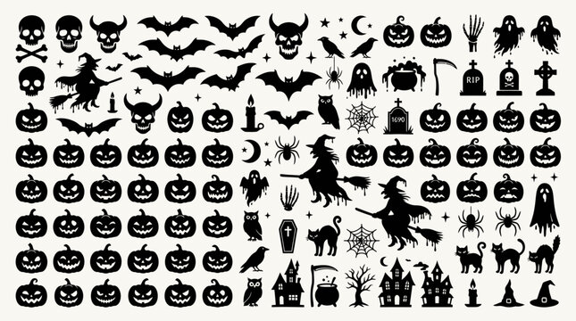 Gro&szlig;e Sammlung von Halloween Silhouetten mit K&uuml;rbissen Hexen Flederm&auml;usen und gruseligen Symbolen f&uuml;r Designprojekte.