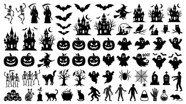 Gro&szlig;e Sammlung von Halloween Silhouetten mit Geistern K&uuml;rbissen Hexen und gruseligen Elementen f&uuml;r Dekorationen.