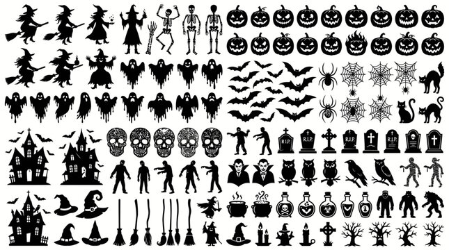 Gro&szlig;e Sammlung von Halloween Silhouetten mit Hexen K&uuml;rbissen Geistern und gruseligen Symbolen.