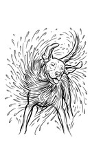 Obraz premium Dog shaking off water line art illustration, wet puppy splashing droplets sketch.