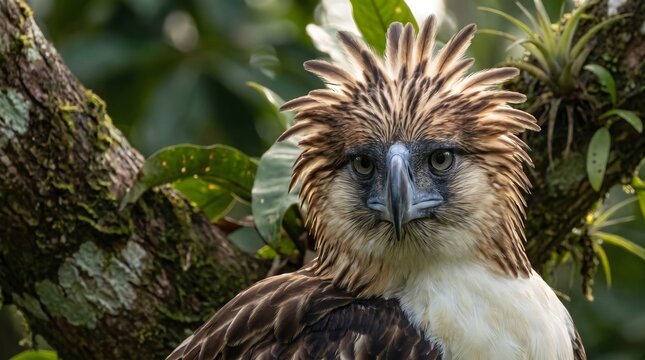 Extreme Close Up of a Philippine Eagle with Its Shaggy Crest Raised (Pithecophaga jefferyi).