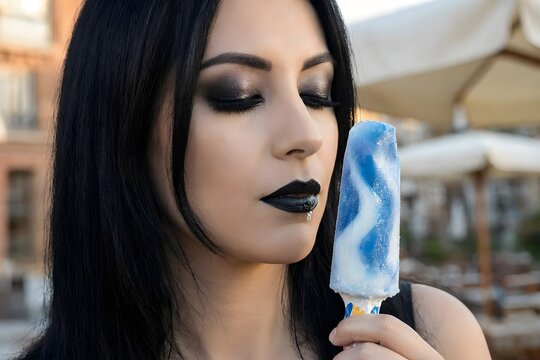 donna che mangia un gelato con capelli neri e occhi chiusi