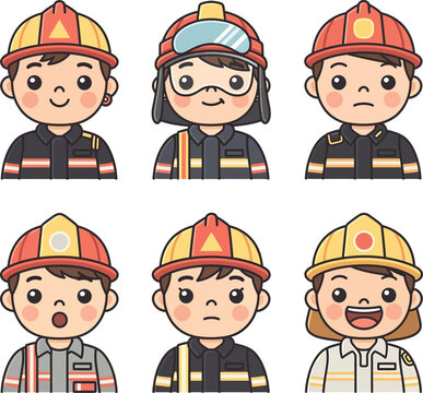 Cute cartoon firefighter avatars showing various facial expressions vector icon set