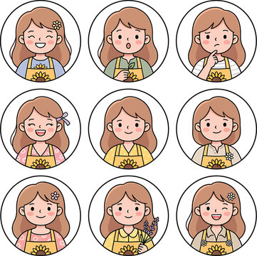 Cute Cartoon Girl Florist Avatar Set with Different Facial Expressions Female Gardener Character Icons Vector Illustration