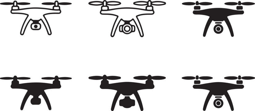 Drone icon set featuring quadcopter silhouettes with cameras for aerial photography and video footage isolated on white background