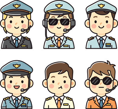 Cute Cartoon Pilot Character Avatars Set Airline Captain Icons with Uniform and Headset Vector Illustration