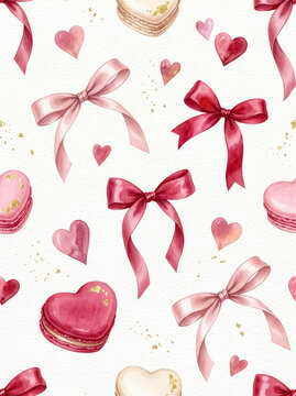 Valentine 319 Watercolor Seamless Pattern of Heart Macarons, Satin Ribbon Bows and Gold Glitter Dust（サテンリボン結びと金粉を添えたハート型マカロンの水彩風シームレスパターン背景）