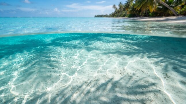 Tropical Turquoise Water with Palm Leaf Shadow - Clear Blue Paradise Pool Surface with Sunlight Reflections