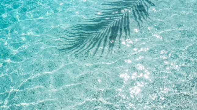 Tropical Turquoise Water with Palm Leaf Shadow - Clear Blue Paradise Pool Surface with Sunlight Reflections