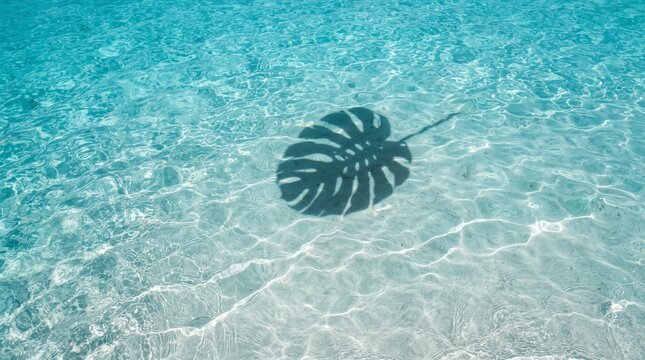 Tropical Turquoise Water with Palm Leaf Shadow - Clear Blue Paradise Pool Surface with Sunlight Reflections