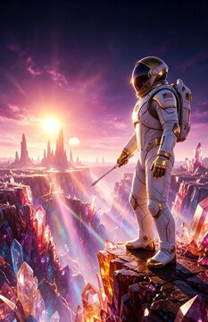 Astronaut in advanced spacesuit standing on a cliff edge exploring an alien planet with glowing crystals during a dual sunset
