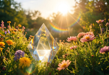 Obraz premium Sustainability and environmental harmony, crystal prism reflecting sunlight in a blooming wildflower meadow during golden hour for nature conservation
